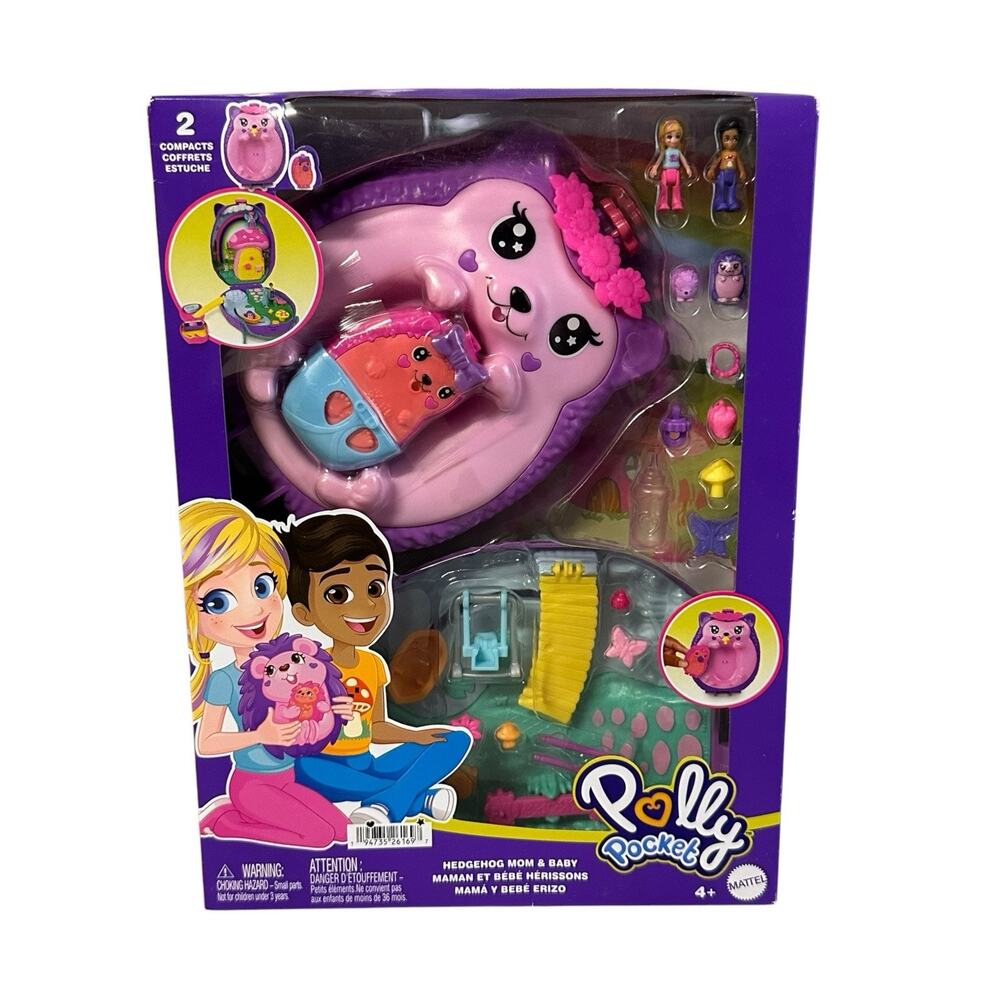 Polly Pocket Hedgehog Mom and Baby Playset Compact 16 Accessories Toy Mattel
